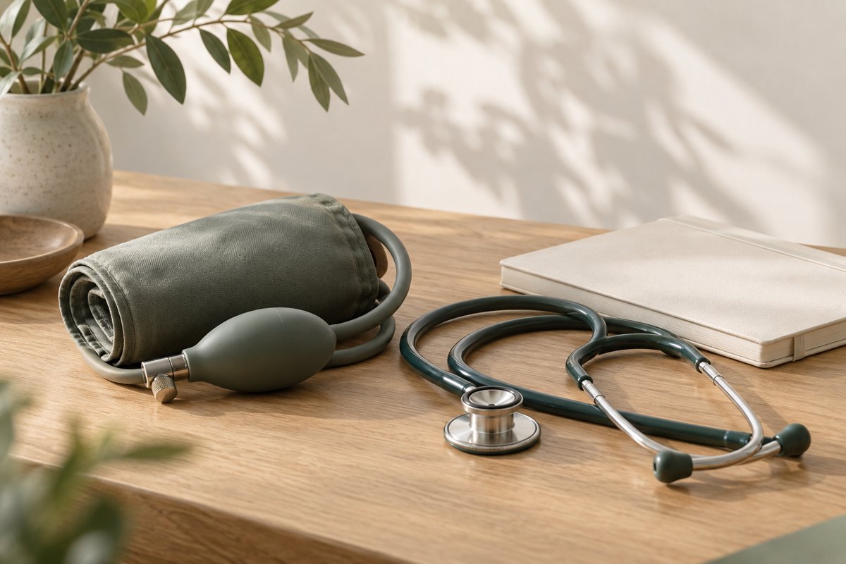 A carefully arranged stethoscope, blood-pressure cuff and notebook