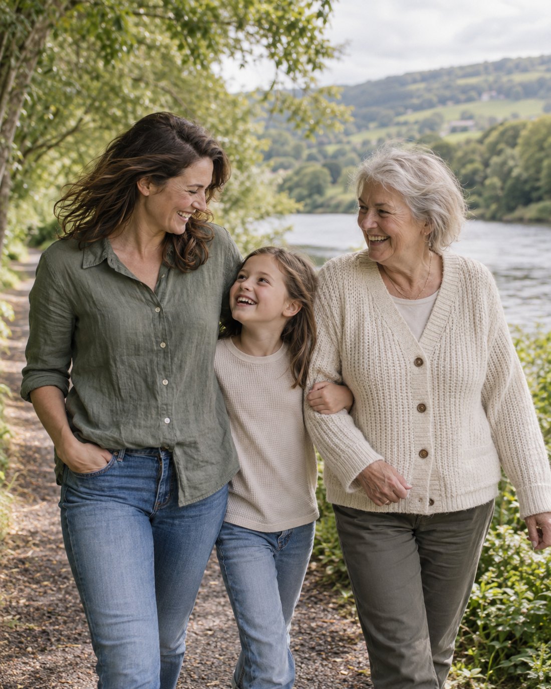 Three generations enjoying a walk beside a river